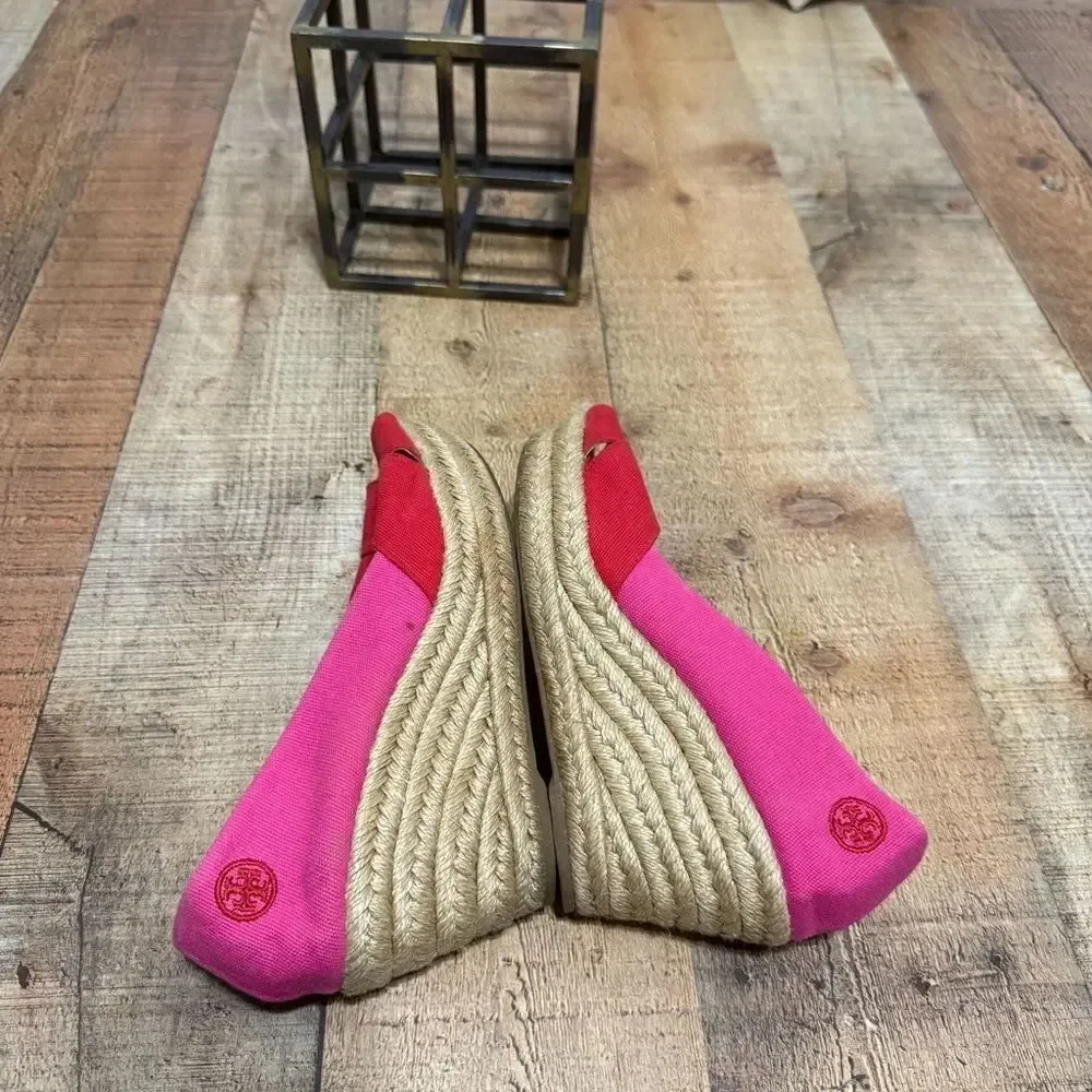 Tory Burch Filipa Colorblock Espadrilles Pink Red Wedge Heel Size